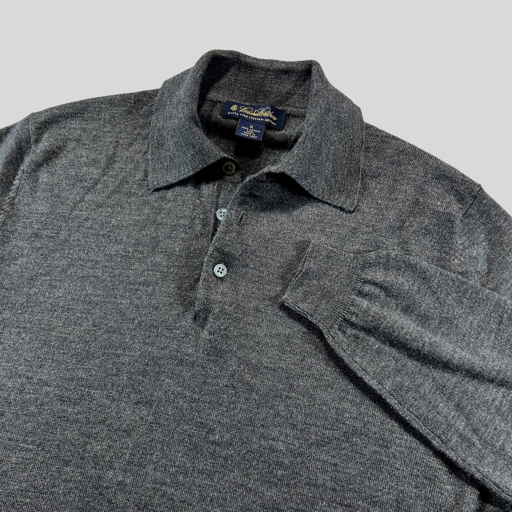 Brooks Brothers Polo Sweater XL Grey Extra Fine Italian Merino Wool Long Sleeve